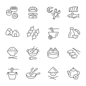 Asian food menu line icons