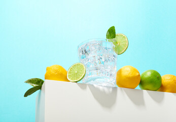 Fresh lemons and lime cocktail with ice cubes and fresh basil or mint. Cold summer or spring drink...