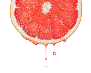 Red grapefruit essential oil dripping. Fresh citrus slice dripping with juice or oil serum...