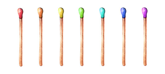 Seven multicolor wooden matches isolated on white background. LGBT