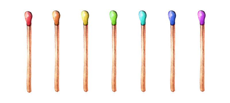Seven multicolor wooden matches isolated on white background. LGBT