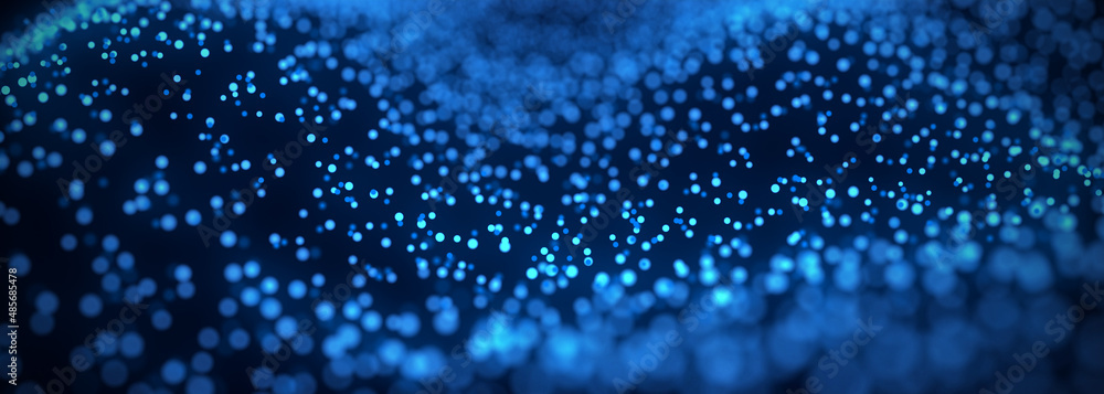 Fototapete Abstract dynamic wave of blue dots on dark background. Big data visualization 3D. Digital landscape with flowing particles. 3d rendering.