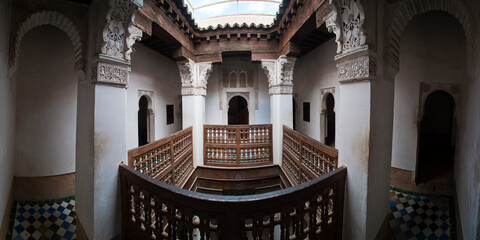Panoramic photo of the interior of Medersa Ben Youssef, the old Islamic school, Marrakech...