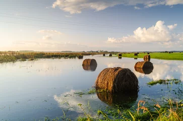 Foto op Aluminium Hay rolls are located in flooded river water in the autumn. Floods, flood. © Bargais