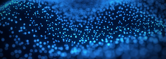 Abstract dynamic wave of blue dots on dark background. Big data visualization 3D. Digital landscape with flowing particles. 3d rendering.