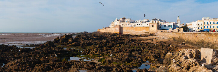 Panoramic photo of the old Medina of Essaouira and the seafront, formerly Mogador, UNESCO World...