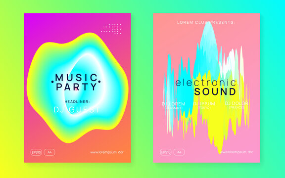 Neon Flyer. Music And Nightlife Shape. Fun Disco Poster. Memphis Background For Brochure Vector. Jazz Glitch For Cover. Yellow And Turquoise Neon Flyer