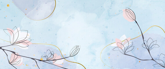 Abstract art background with sakura flowers drawn by lines in blue colors. Botanical line art with watercolor paints with spring flowers for design of invitations, website, packaging © VectorART