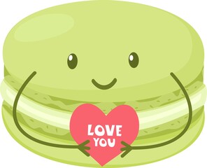 Cute macaron holding a heart with the inscription I love you. Cake with a face and handles. Illustration for valentine's day