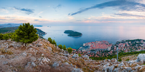 Panoramic Photo from Mount Srd of Dubrovnik Old Town and Lokrum Island at sunset, Dalmatian Coast, Croatia