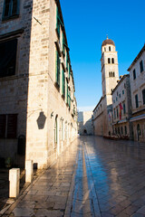 Fototapeta na wymiar Stradun and the Franciscan Monastery in the early morning, Dubrovnik Old Town, Croatia