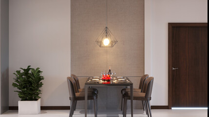 3D render of dining room, at night