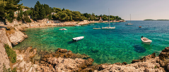 Panoramic photo of boats on the crystal clear Adriatic Sea, Hvar Island, Adriatic Coast, Dalmatia (Dalmacija), Croatia