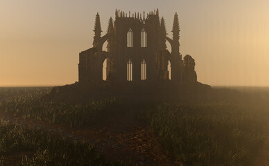 Obraz premium Ruined historic church in misty countryside at sunrise. 3D render.