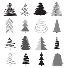Obraz premium Christmas trees on white. Set for icons on isolated background. Geometric art. Objects for polygraphy, posters, t-shirts and textiles. Black and white illustration