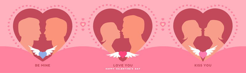 Valentine's day banner template. Romantic cute background with loving people on valentine's day. Vector illustration for greeting card, background, social media banner, ad poster, web banner or promo 