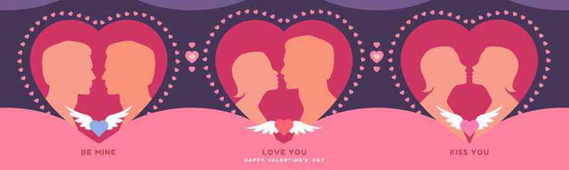 Valentine's day banner template. Romantic cute background with loving people on valentine's day. Vector illustration for greeting card, background, social media banner, ad poster, web banner or promo 