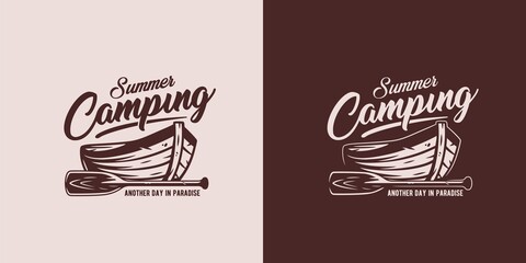 Design with boat and paddle for travel in camping. Emblem of rowboat for outdoor for travel outside. Wanderlust in camp or adventure illustration © Casoalfonso