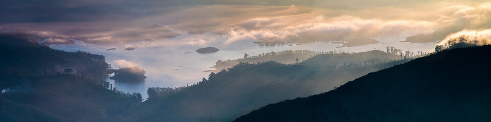 Fototapeta premium Adams Peak (Sri Pada) view at sunrise showing the Maussakele Reservoir, Sri Lanka Central Highlands, Asia