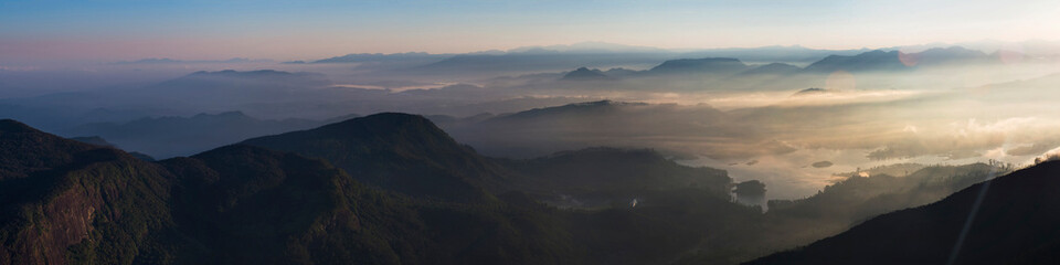 Adams Peak (Sri Pada) at sunrise, view from the summit in the Central Highlands of Sri Lanka, Asia