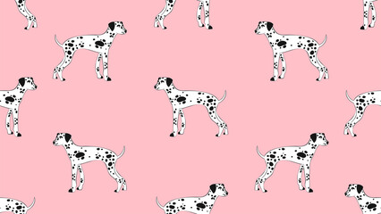 Fototapeta premium Vector seamless pattern with the cute dalmatians. Dog with spotted fur on pink background