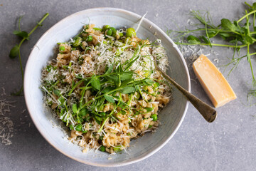 Risotto with broad beans, green pea and pea shoots