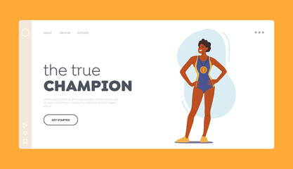 Sport Competition Winner Rewarding Concept for Landing Page Template. Woman Swimmer Character Wear Swim Suit