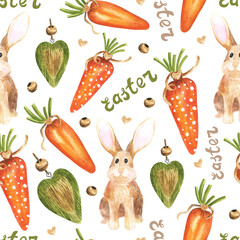 Rabbit or hair with toy carrot easter seamless pattern orange and beige green. holiday decoration