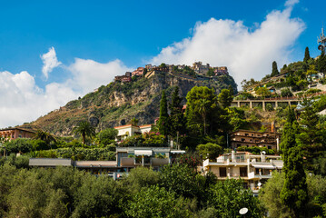 Fototapeta na wymiar Castelmola, seen from Taormina, Sicily, Italy, Europe