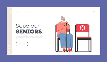 Immunization, Health Care Landing Page Template. Old Woman Sitting in Clinic Corridor Waiting Vaccination