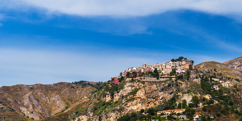 Castelmola, panoramic photo of the hill top village above Taormina, Sicily, Italy, Europe