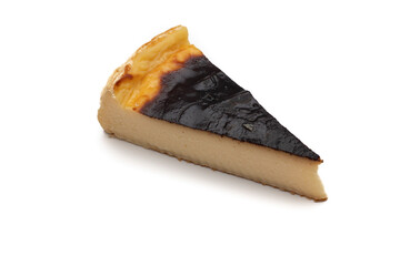 A delicious piece of baked flan. Isolated on white background.