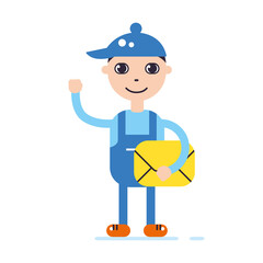 Express delivery service courier man holding yellow parcel box or envelope isolated flat vector illustration
