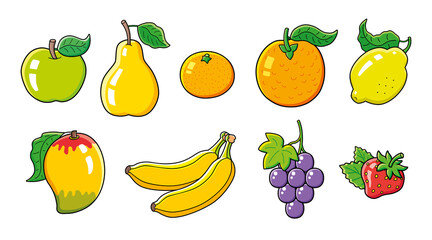 Green apple, yellow pear, tangerine, orange, lemon, mango, two bananas, grape bunch, strawberry with leaf, cartoon vector fruits set isolated icons.