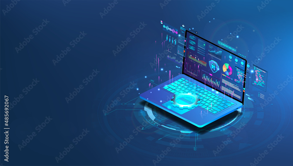Poster Online application on blue laptop with data analysis, charts and graphics. Software development, coding presecc. Remote control and configuration concept. Cross platform programming. Vector isometric