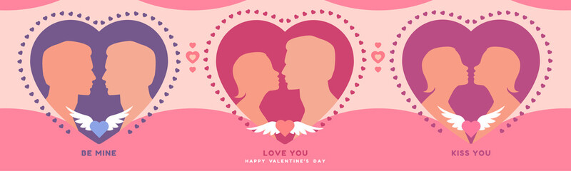Valentine's day banner template. Romantic cute background with loving couple on valentine's day. Vector illustration for greeting card, background, social media banner, ad poster, web banner or promo 