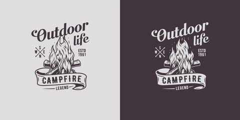 Campfire or bonfire for camping. Camp burning bonfire with a large flame and sparks for explore and adventure in forest hiking