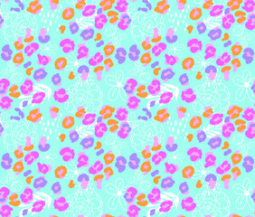 Seamless vector fluorescent floral leopard animal print surface pattern design for fabric, textile, packaging, web and social media.