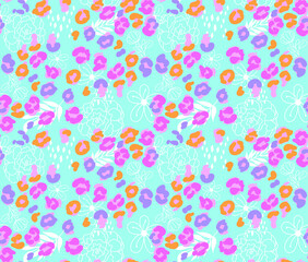 Seamless vector fluorescent floral leopard animal print surface pattern design for fabric, textile, packaging, web and social media.