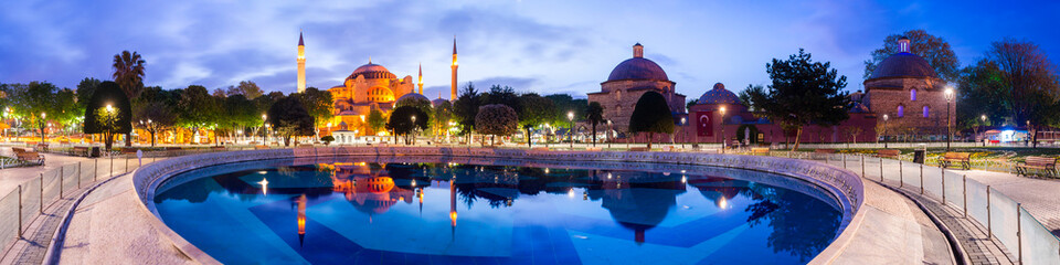 Hagia Sophia reflection at night, Sultanahmet Square Park, Istanbul, Turkey, Eastern Europe