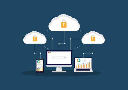 vector illustration cloud computing concept on security, database on cloud platform, information connecting, database platform with security