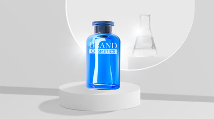 Beauty Skincare products on white podium with beaker background . Cosmetics Vector realistic package ads template