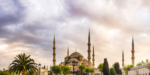 Sunset at Blue Mosque (Sultan Ahmed Mosque or Sultan Ahmet Camii), Istanbul, Turkey, Eastern Europe, background with copy space