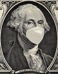 Georg washington wearing mask against covid 19, coronavirus concept to money