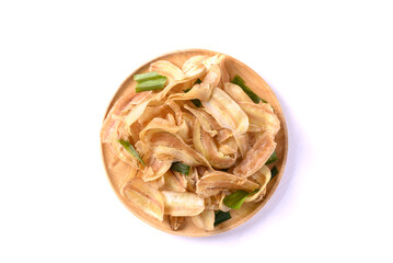Banana chips or banana crisps on wooden plate with white background, Delicious snack