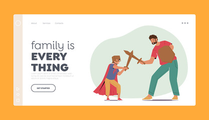 Dad and Boy Fooling Landing Page Template. Happy Family Characters Playing in Knights. Father and Son Fighting on Swords