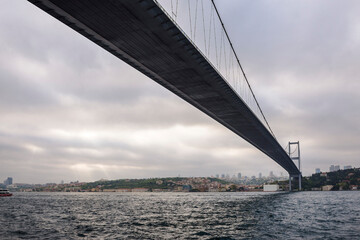 Fototapeta premium Suspension bridge at sunset across the Bosphorus Strait connecting Istanbul in Europe and Istanbul in Asia, Turkey, Eastern Europe