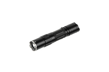 Modern metal LED flashlight. Portable lighting device. Isolate on a white back