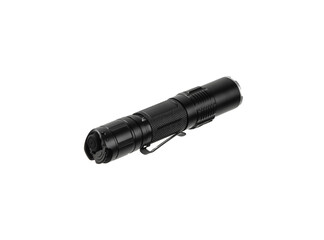 Modern metal LED flashlight. Portable lighting device. Isolate on a white back