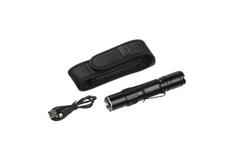 Modern metal LED flashlight. Portable lighting device. Isolate on a white back